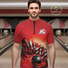 Load image into Gallery viewer, Male model in a bowling lane wearing a red quarter-zip shirt, flame bowling ball hitting pins with energetic fire-inspired graphics.
