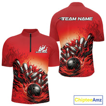 Load image into Gallery viewer, Front and back view of a men’s quarter-zip bowling shirt mockup in red, featuring flame bowling ball striking pins dynamic sports illustration.
