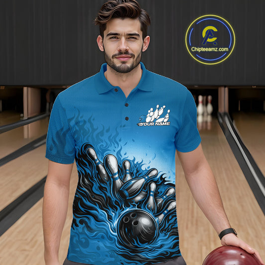Male model in a bowling lane wearing a polo shirt, front view featuring raccoon in sunglasses with patriotic bandana beside bowling ball