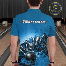Load image into Gallery viewer, Male model at a bowling lane, back view of polo shirt showcasing raccoon character leaning on bowling ball artwork