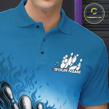 Load image into Gallery viewer, Close-up left chest detail of bowling polo shirt featuring raccoon in sunglasses with patriotic bandana and bowling ball design