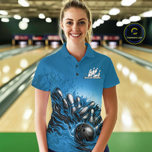 Load image into Gallery viewer, Female Model At Bowling Lane Front View Wearing Polo Shirt With Raccoon Character In Sunglasses Beside Bowling Ball In Playful Patriotic Style