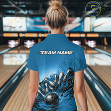 Load image into Gallery viewer, Back View Female Model Wearing Bowling Polo Shirt Featuring Raccoon Wearing Sunglasses And Bandana With Bowling Ball And Pins Graphic Scene