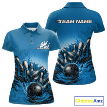 Load image into Gallery viewer, Front And Back View Of Women Polo Shirt Mockup Featuring Raccoon Wearing Sunglasses And Patriotic Bandana Leaning On Bowling Ball Illustration