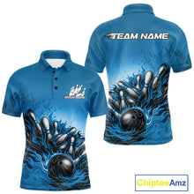 Load image into Gallery viewer, Men’s bowling polo shirt mockup front and back showing raccoon wearing sunglasses and patriotic bandana leaning on bowling ball illustration