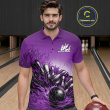 Load image into Gallery viewer, Custom Purple Flame Bowling Tournament Men Polo Team Shirt, Fire Bowling League Shirt IPHW11217