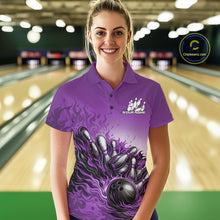 Load image into Gallery viewer, Female Model At Bowling Lane Front View Wearing Purple Polo Shirt With Flaming Bowling Ball Hitting Pins And Dynamic Motion Artwork