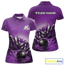 Load image into Gallery viewer, Front And Back View Of Women Polo Shirt Mockup In Purple Showcasing Flaming Bowling Ball Striking Pins With Dramatic Fire Effects