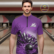 Load image into Gallery viewer, Male model in a bowling lane wearing a purple quarter-zip shirt, flame bowling strike artwork with bold energetic motion.