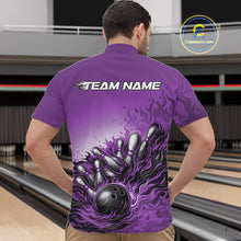 Load image into Gallery viewer, Male model in a bowling lane wearing a purple quarter-zip shirt, fiery bowling ball hitting pins with dynamic sports illustration.