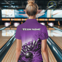 Load image into Gallery viewer, Back view of a female bowler wearing a purple quarter-zip shirt, flame bowling ball and pins illustration with dynamic motion design.