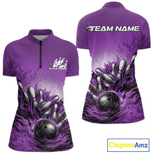 Load image into Gallery viewer, Front and back view of a women’s quarter-zip bowling shirt mockup in purple, featuring flame bowling ball and pins dynamic sports illustration.