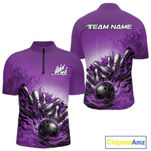 Load image into Gallery viewer, Front and back view of a men’s quarter-zip bowling shirt mockup in purple, featuring flame bowling ball and pins dynamic action design.