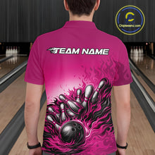 Load image into Gallery viewer, Male model at a bowling lane, back view of pink polo shirt showcasing flame bowling ball striking pins dynamic graphic design