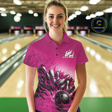 Load image into Gallery viewer, Female Model In Bowling Alley Front View Wearing Pink Polo Shirt With Flaming Bowling Ball Hitting Pins And Fiery Motion Graphics