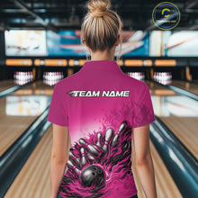 Load image into Gallery viewer, Back View Female Model Wearing Pink Bowling Polo Shirt Featuring Flame Bowling Ball And Pins Illustration With Vibrant Action Energy