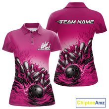Load image into Gallery viewer, Front And Back View Of Women Polo Shirt Mockup In Pink Showing Flaming Bowling Ball Striking Pins With High-Energy Visual Effects