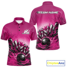 Load image into Gallery viewer, Men’s bowling polo shirt mockup front and back showing flame bowling ball striking pins design on a pink shirt