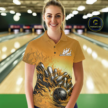 Load image into Gallery viewer, Female Model At Bowling Lane Front View Wearing Yellow Polo Shirt With Flaming Bowling Ball Hitting Pins Illustration And Energetic Motion Style