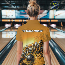 Load image into Gallery viewer, Back View Female Model Wearing Yellow Bowling Polo Shirt Featuring Flame Bowling Ball And Pins Artwork With Bold Action Scene Design