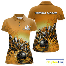 Load image into Gallery viewer, Front And Back View Of Women Polo Shirt Mockup In Yellow Featuring Fiery Bowling Ball Striking Pins With Dynamic Flame Effects