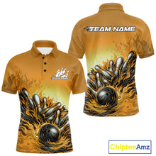 Load image into Gallery viewer, Men’s bowling polo shirt mockup front and back displaying flame bowling ball striking pins design on a yellow shirt