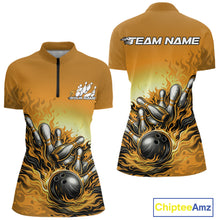 Load image into Gallery viewer, Front and back view of a women’s quarter-zip bowling shirt mockup in yellow, featuring flame bowling ball and pins bold sports design.