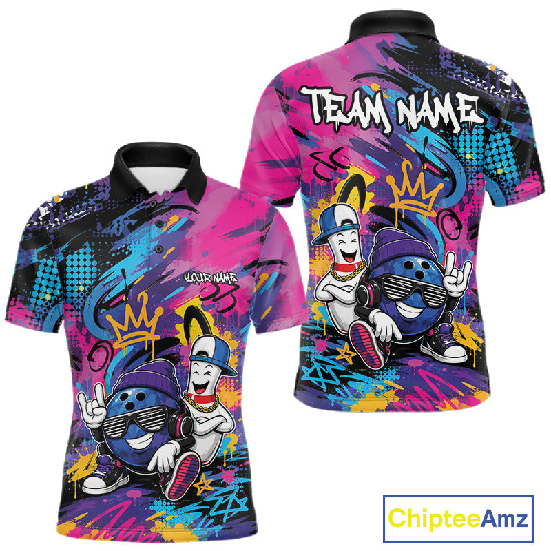 Custom Funny Colorful Graffity Hiphop Bowling Ball And Pin Bowling Men Polo Shirt IPHW11800