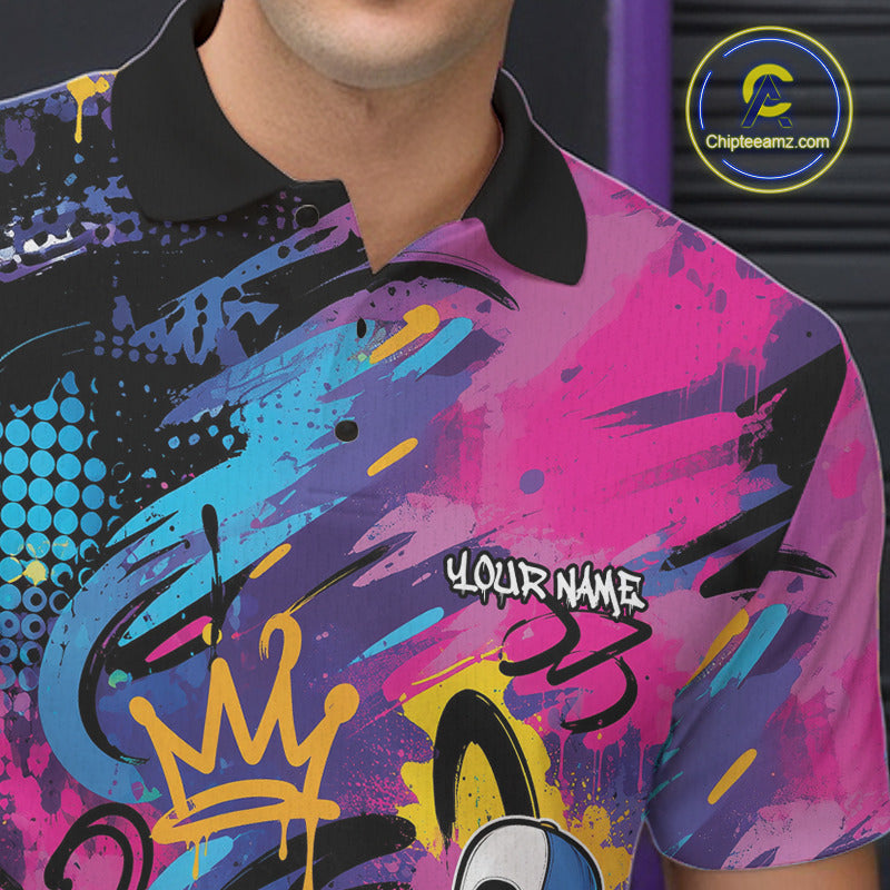 Custom Funny Colorful Graffity Hiphop Bowling Ball And Pin Bowling Men Polo Shirt IPHW11800
