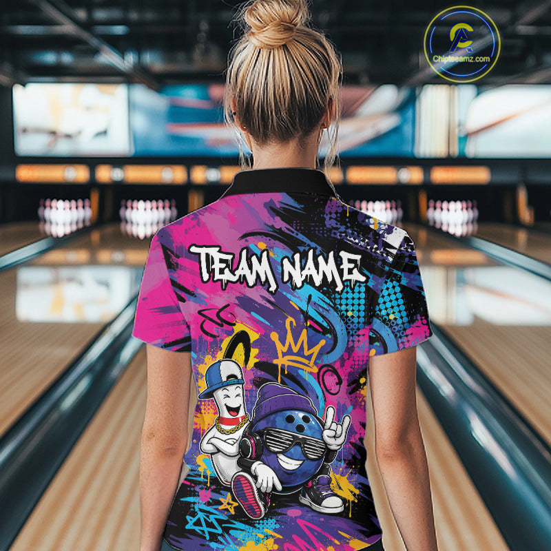 Custom Funny Colorful Graffity Hiphop Bowling Ball And Pin Bowling Women Polo Shirt IPHW11800