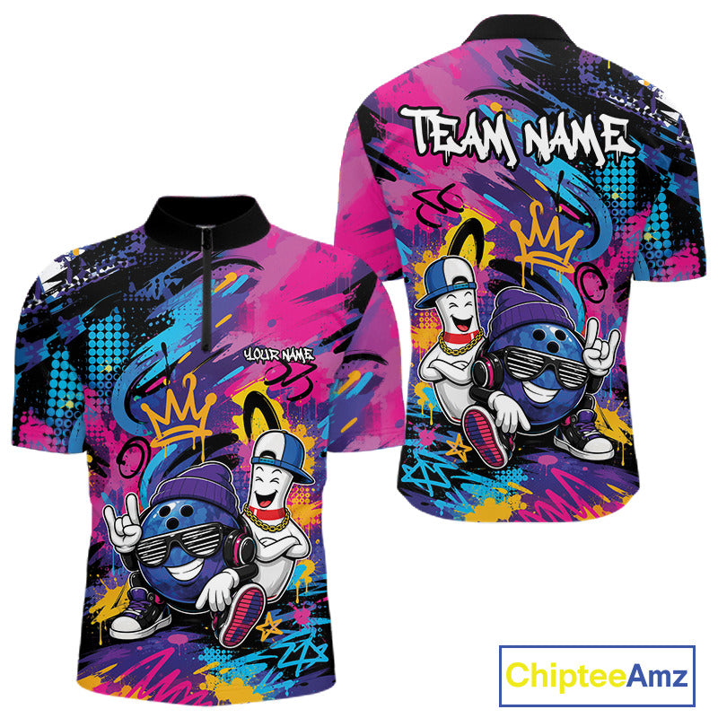 Custom Funny Colorful Graffity Hiphop Bowling Ball And Pin Bowling Men Quarter Zip Shirt IPHW11800