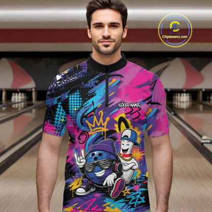 Custom Funny Colorful Graffity Hiphop Bowling Ball And Pin Bowling Men Quarter Zip Shirt IPHW11800