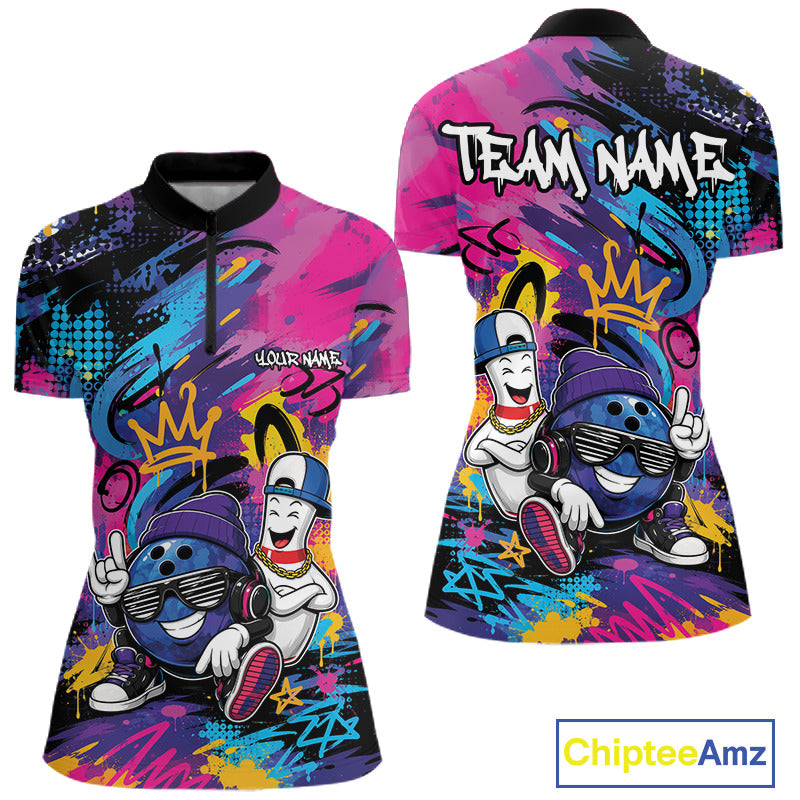 Custom Funny Colorful Graffity Hiphop Bowling Women Quarter-Zip Shirt IPHW11800