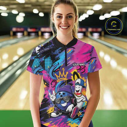 Custom Funny Colorful Graffity Hiphop Bowling Women Quarter-Zip Shirt IPHW11800