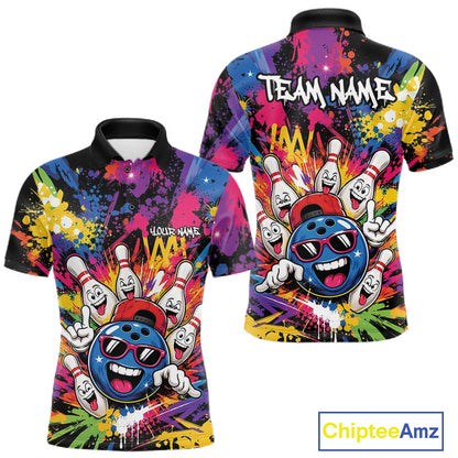 Custom Funny Colorful Hiphop Bowling Men Polo Shirt, Graffity Splatter Bowling Jersey IPHW11802