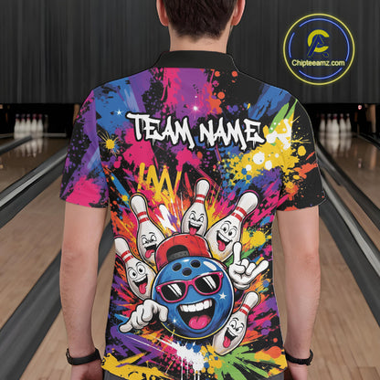 Custom Funny Colorful Hiphop Bowling Men Polo Shirt, Graffity Splatter Bowling Jersey IPHW11802