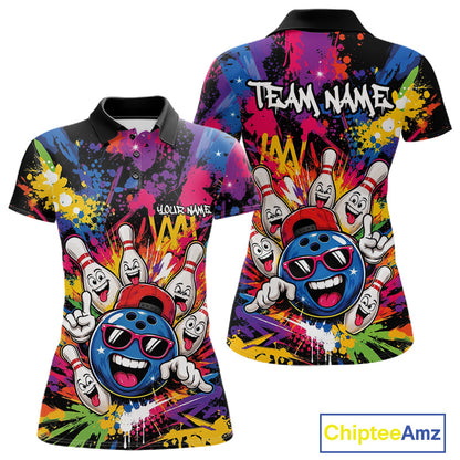 Custom Funny Colorful Hiphop Bowling Women Polo Shirt, Graffity Splatter Bowling Jersey IPHW11802
