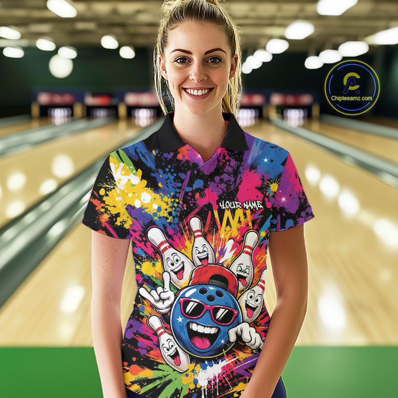 Custom Funny Colorful Hiphop Bowling Women Polo Shirt, Graffity Splatter Bowling Jersey IPHW11802