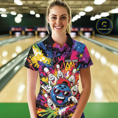 Custom Funny Colorful Hiphop Bowling Women Polo Shirt, Graffity Splatter Bowling Jersey IPHW11802