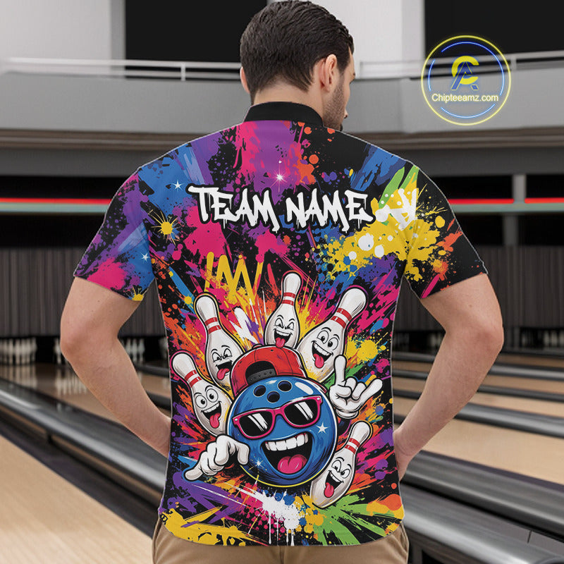 Custom Funny Colorful Hiphop Bowling Men Quarter Zip Shirt, Graffity Splatter Bowling Jersey IPHW11802