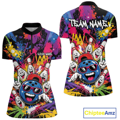 Custom Funny Colorful Hiphop Bowling Women Quarter-Zip Shirt, Graffity Bowling Jersey IPHW11802