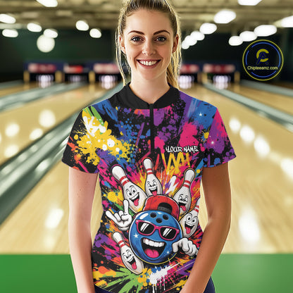 Custom Funny Colorful Hiphop Bowling Women Quarter-Zip Shirt, Graffity Bowling Jersey IPHW11802