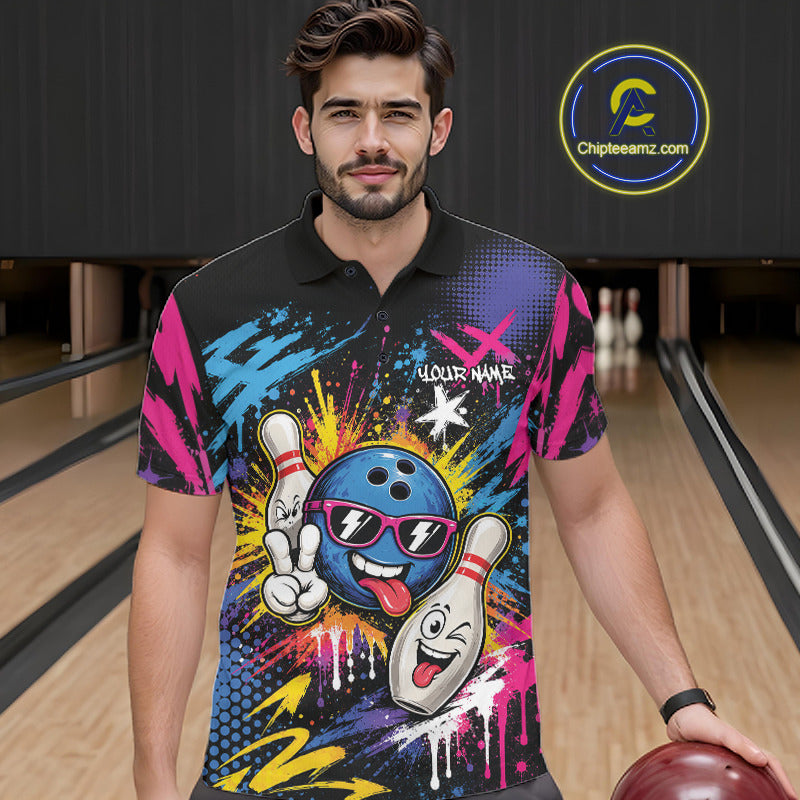 Custom Funny Colorful Paint Splatter Bowling Men Polo Shirt, Graffity Bowling Jersey IPHW11803