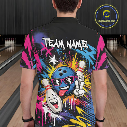 Custom Funny Colorful Paint Splatter Bowling Men Polo Shirt, Graffity Bowling Jersey IPHW11803
