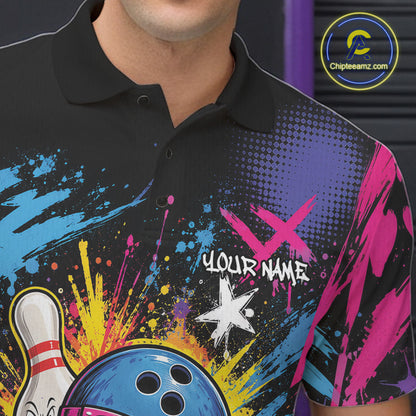 Custom Funny Colorful Paint Splatter Bowling Men Polo Shirt, Graffity Bowling Jersey IPHW11803