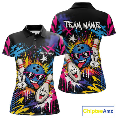 Custom Funny Colorful Paint Splatter Bowling Women Polo Shirt, Graffity Bowling Jersey IPHW11803