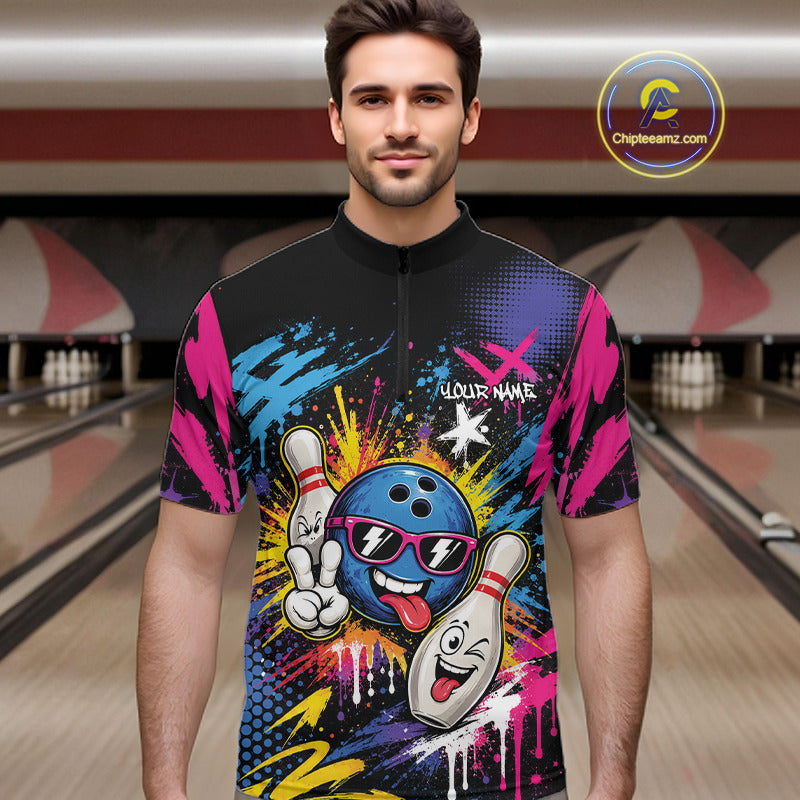Custom Funny Colorful Paint Splatter Bowling Men Quarter Zip Shirt, Graffity Bowling Jersey IPHW11803