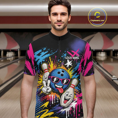 Custom Funny Colorful Paint Splatter Bowling Men Quarter Zip Shirt, Graffity Bowling Jersey IPHW11803
