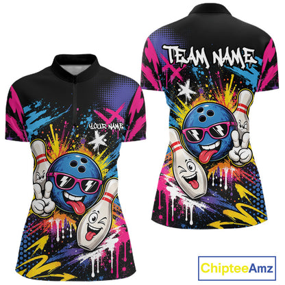 Custom Funny Colorful Splatter Bowling Women Quarter-Zip Shirt, Graffity Bowling Jersey IPHW11803