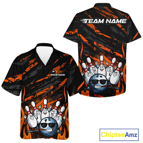 Custom Orange Camo Funny Flame Bowling Men And Women Hawaiian Shirts, Bowling Team League Shirt IPHW10091